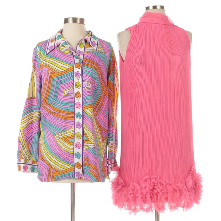 Pleated and Ruffle Embellished Dress with Alex Colman Printed Button Down Shirt