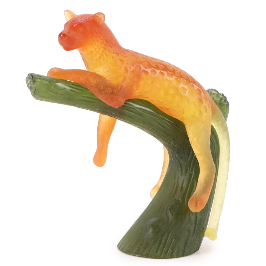 Daum "Amber Panther on Green Tree" Pâte de Verre Figurine