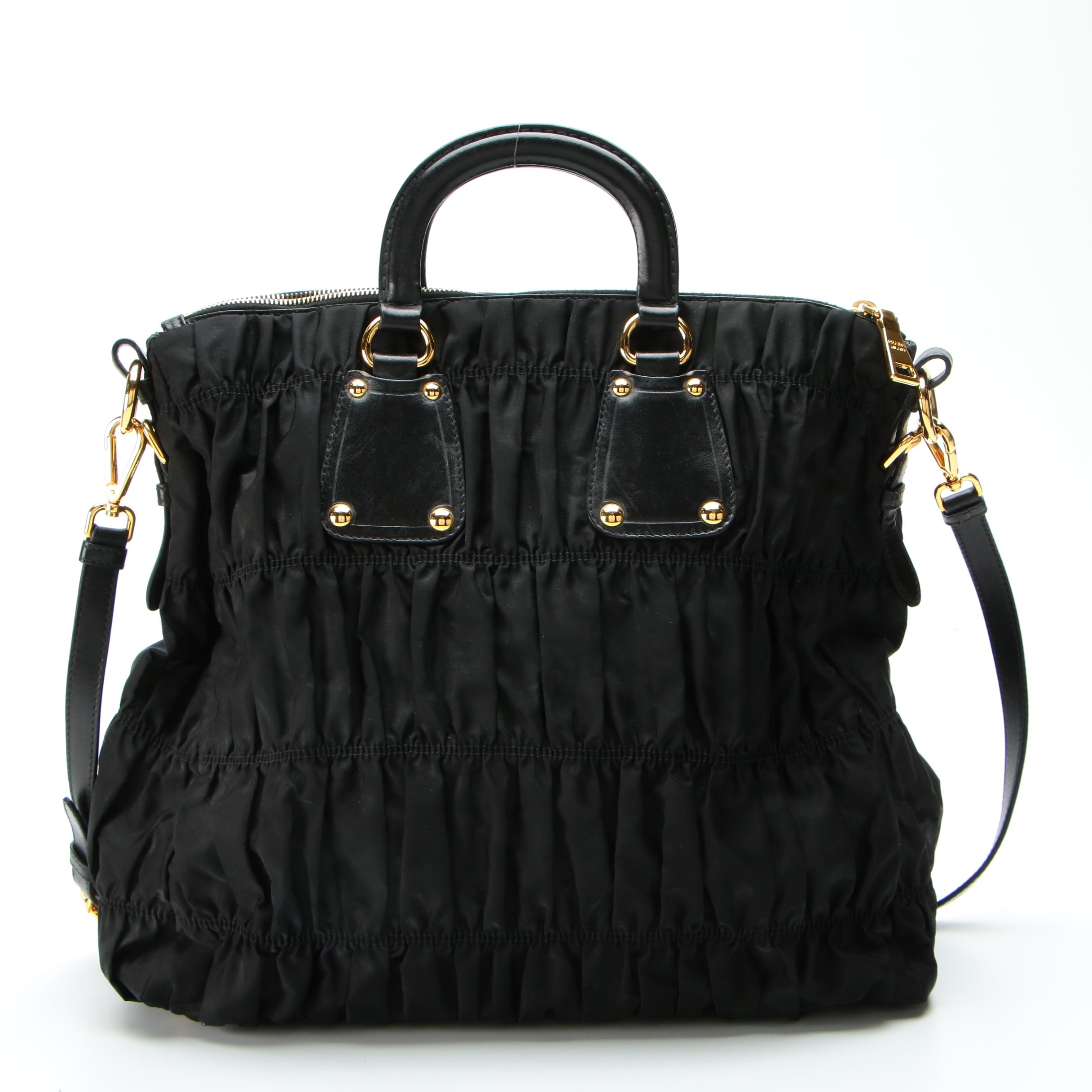 Prada Tote Bag in Black Gaufre Nylon Tessuto and Leather with Detachable Strap