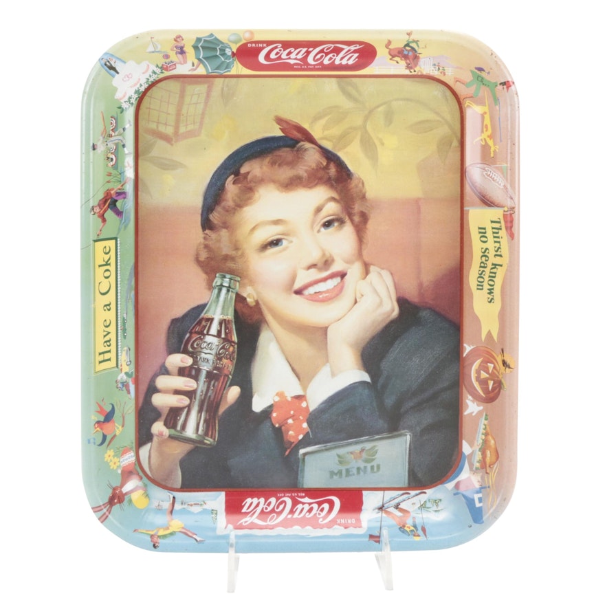 Coca-Cola "Thirst Knows No Season" Tin Litho Tip Tray, Mid-20th Century