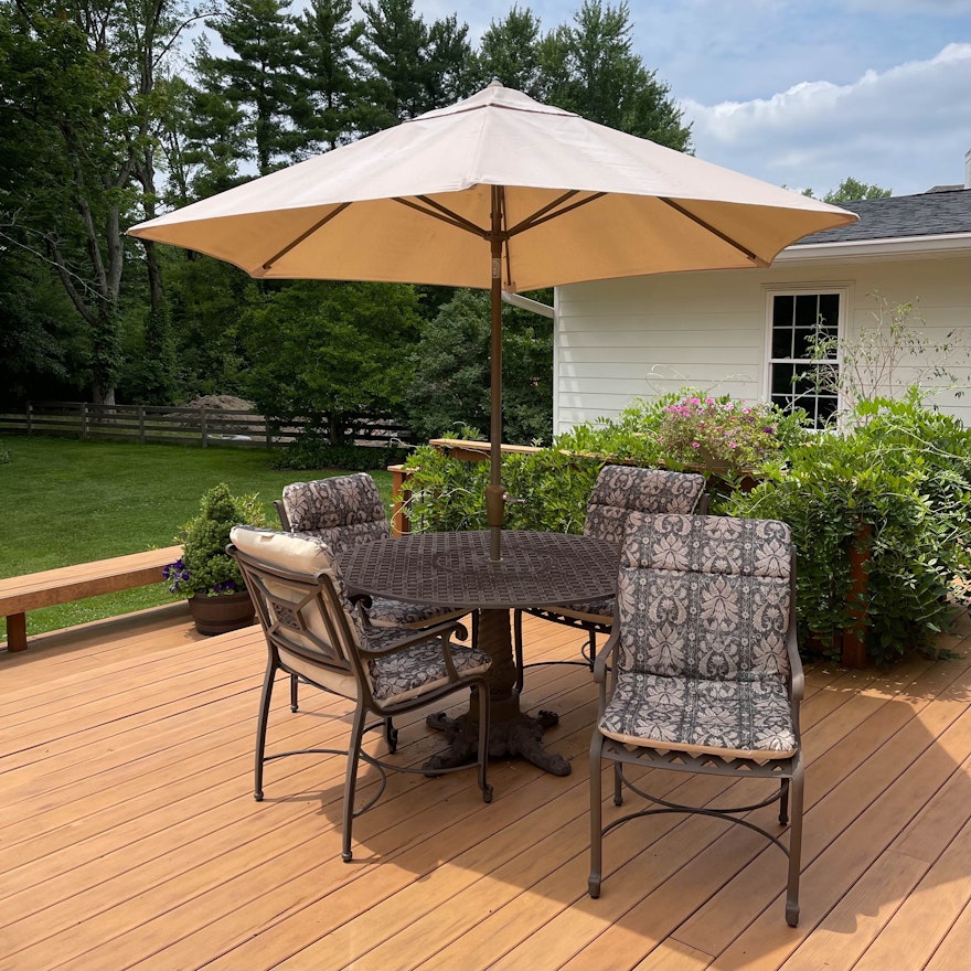 Metal Basket Weave Patio Table with Chairs, Cushions and Umbrella