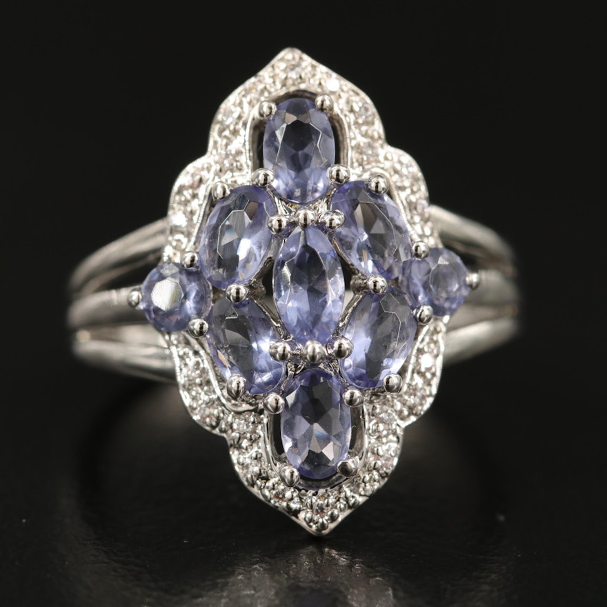 Tanzanite Navette Ring with Openwork Shoulders and Cubic Zirconia