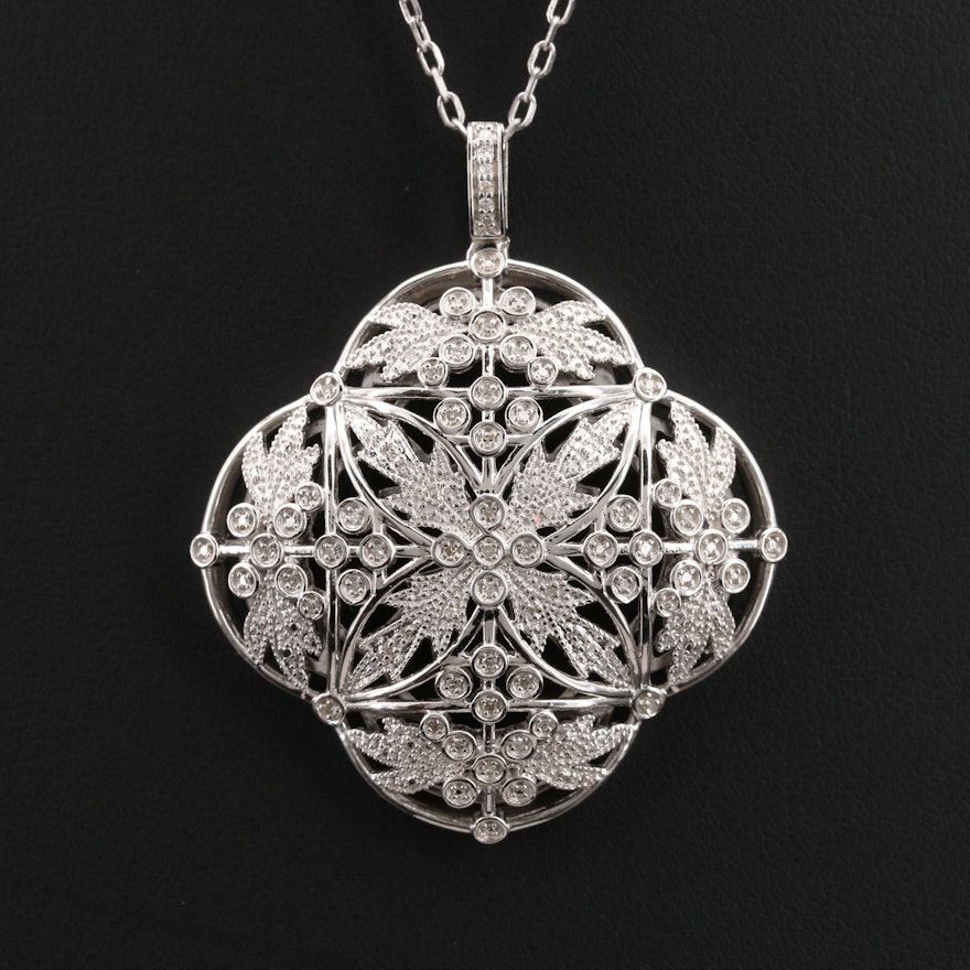 Sterling Diamond Quatrefoil Openwork Pendant Necklace
