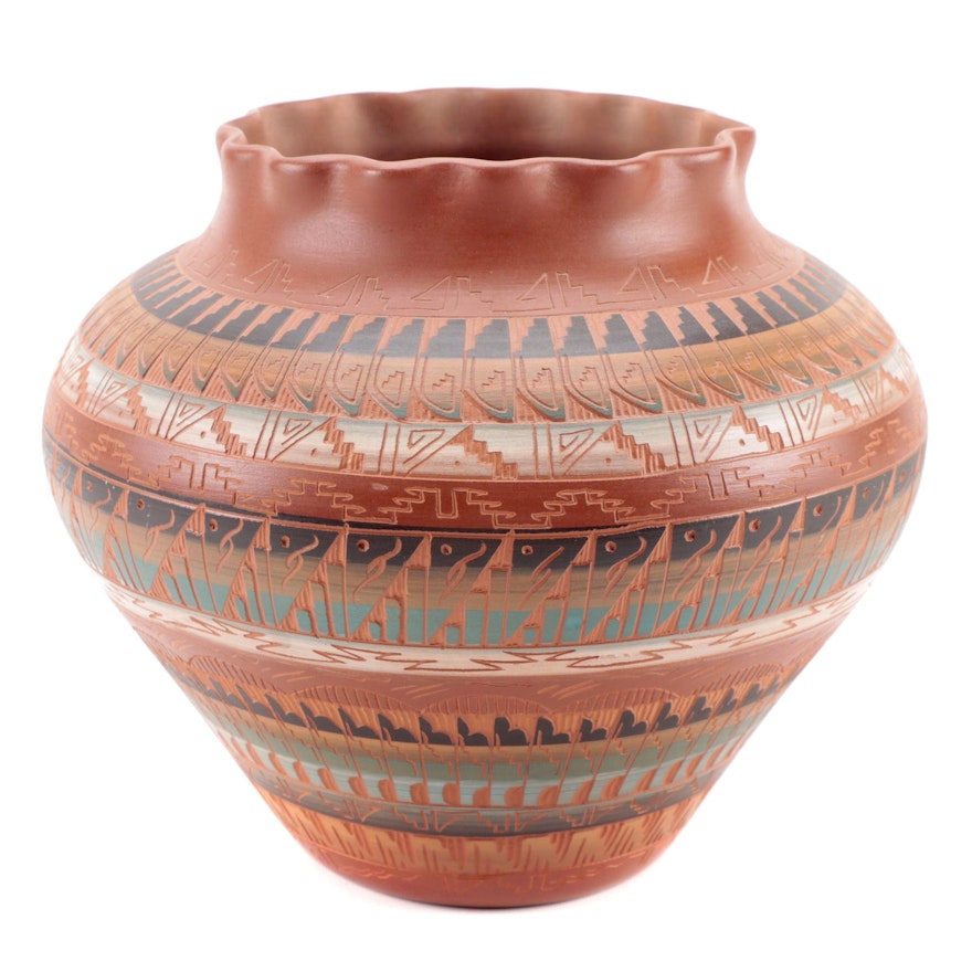 Artist Signed American Southwest Polychrome Sgraffito Pottery Vessel, 1998