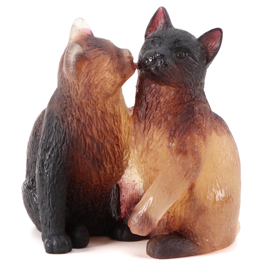 Daum Polychrome Pâte de Verre Glass Pair of Cats Figurine