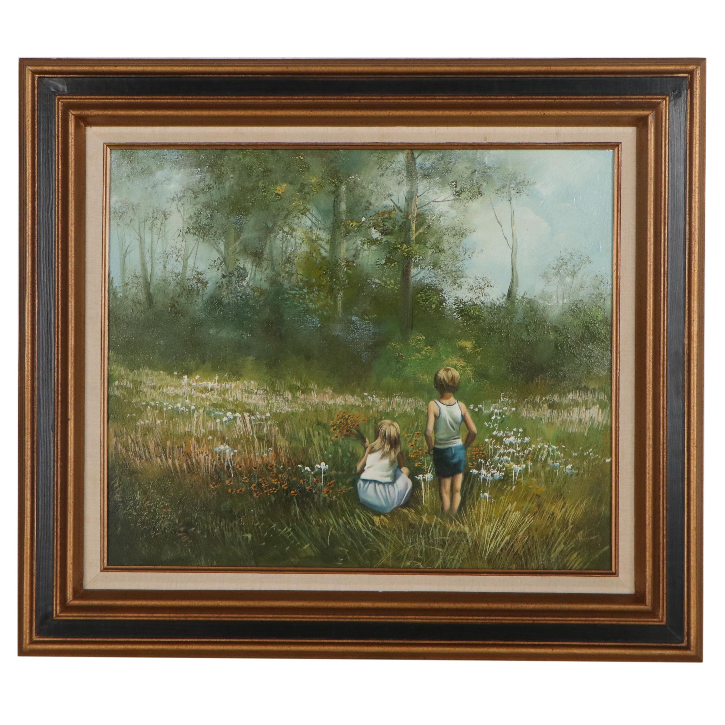 Juhl Evans Oil Painting of Children in the Forest, Late 20th Century