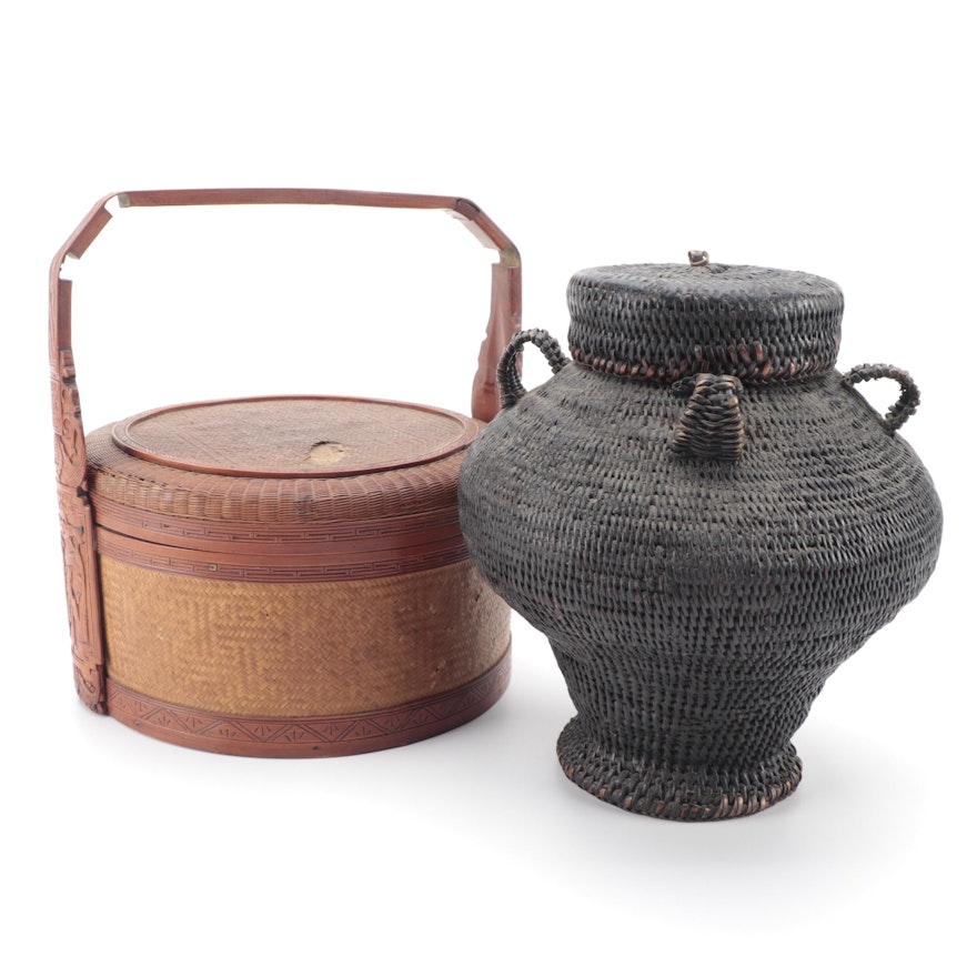 Chinese Bamboo and Rattan Food Basket with Other Urn Form Lidded Basket