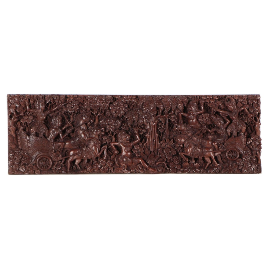 South Asian Style Battle Scene Wood Carving