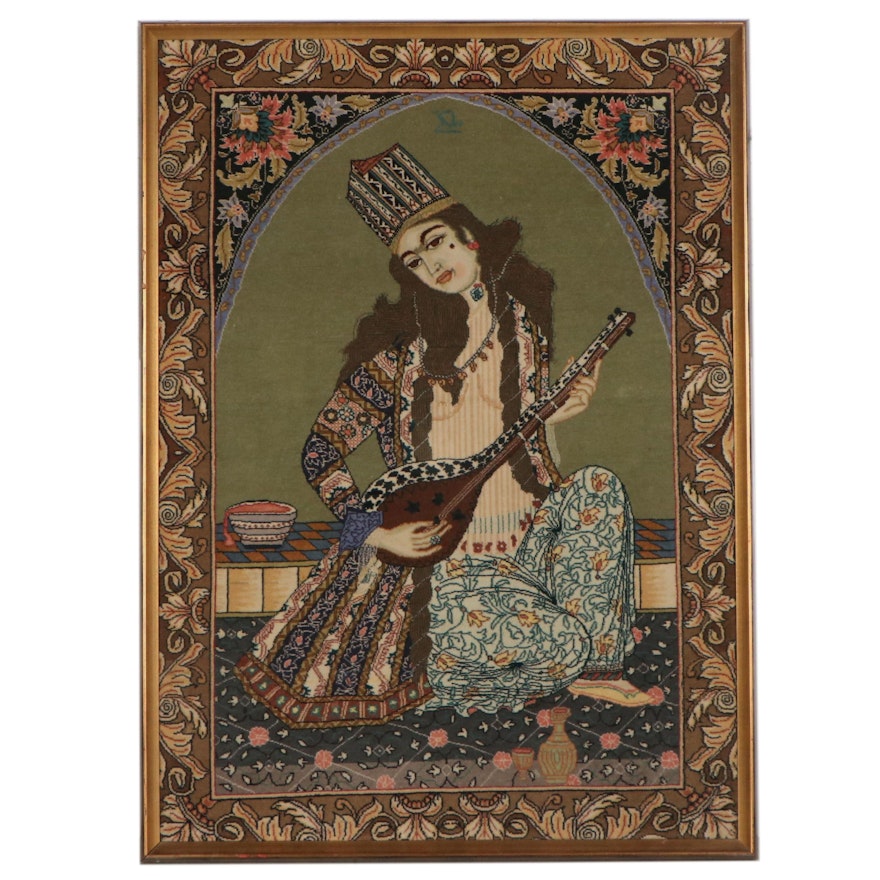 Hand-Knotted Persian Rug Wall Hanging of Woman Playing Sitar