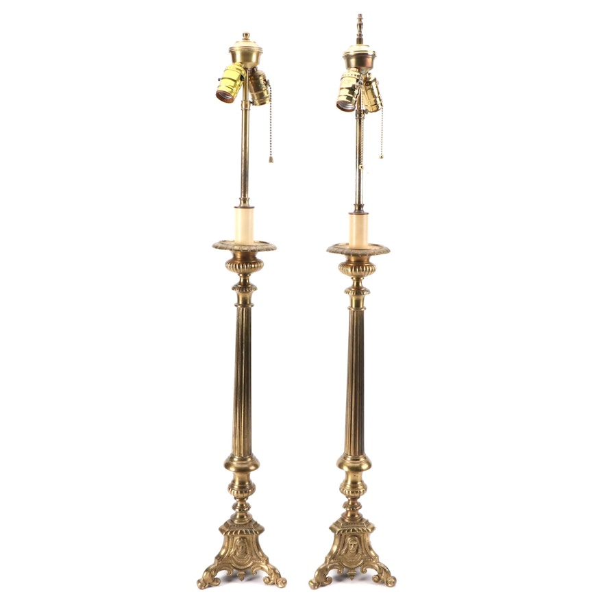 Converted Brass Altar Candlestick Lamps, Mid to Late 20th Century