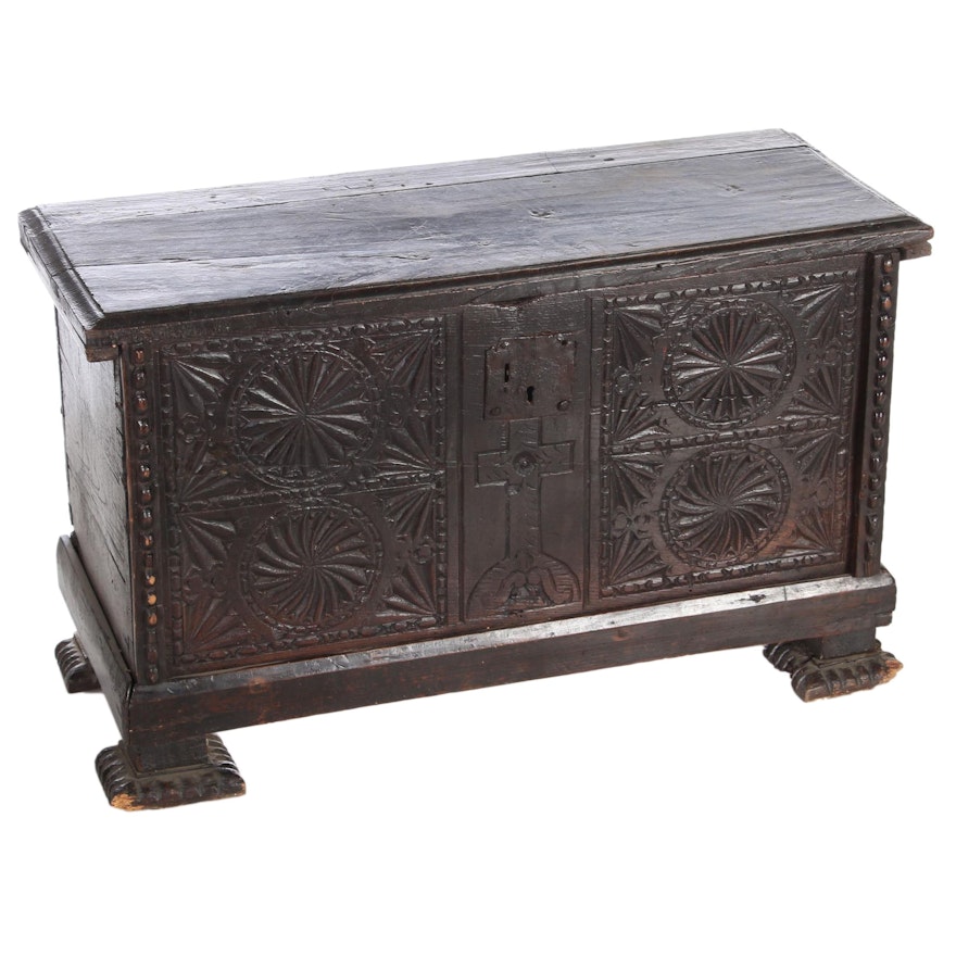Charles II Carved Oak Coffer Chest, 17th Century