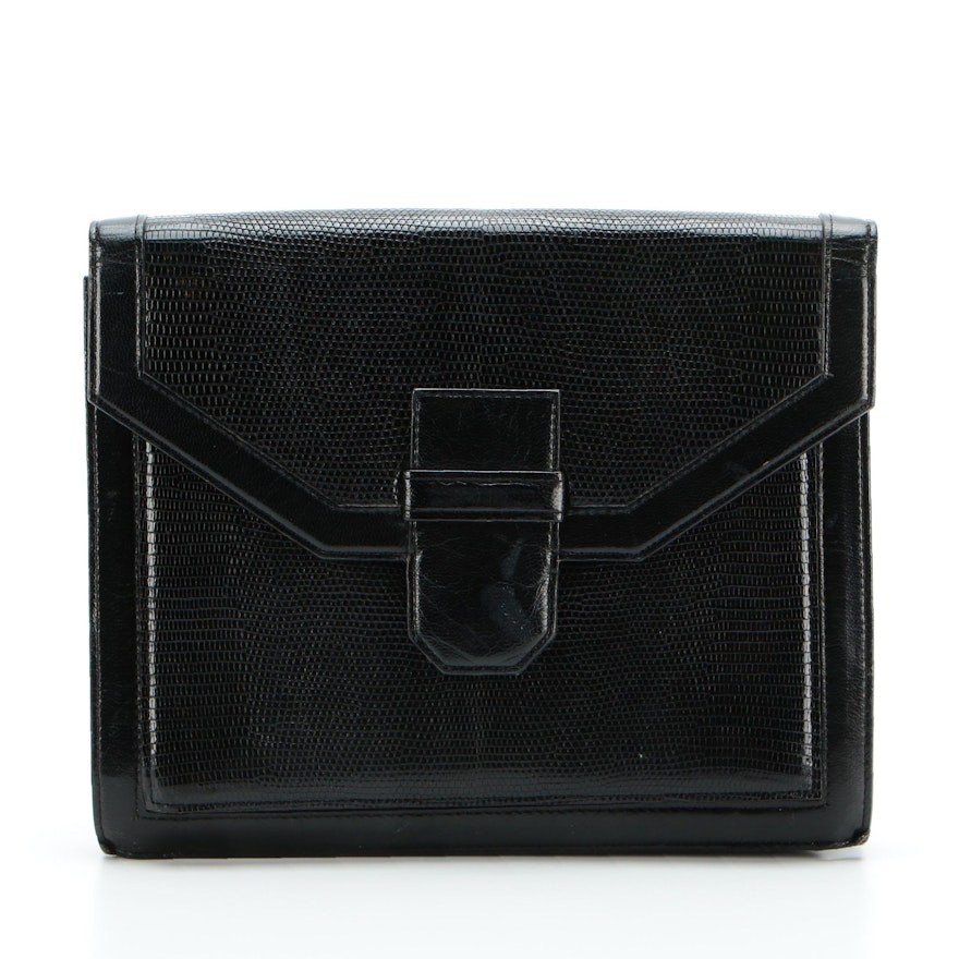 Yves Saint Laurent Accordion-Style Clutch in Black Embossed Leather