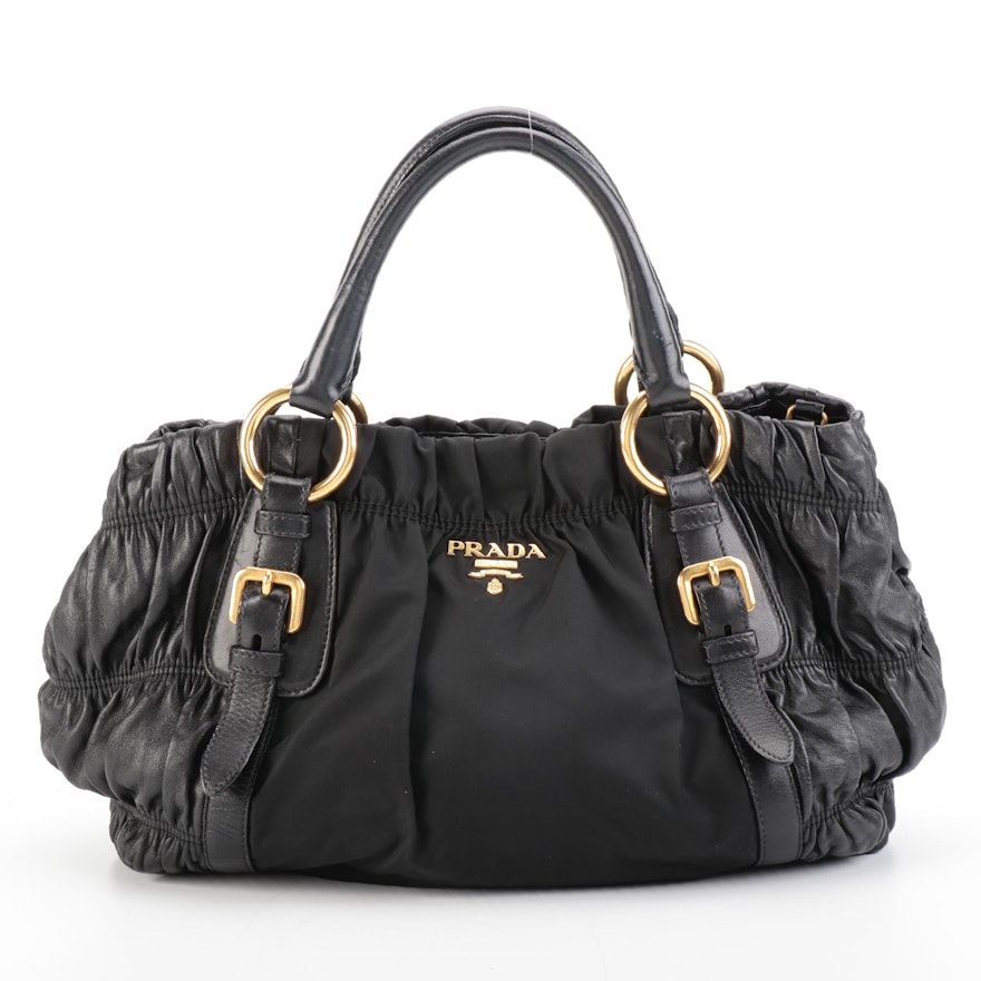 Prada Shopper Tote Bag in Black Gaufre Lambskin and Nylon Tessuto
