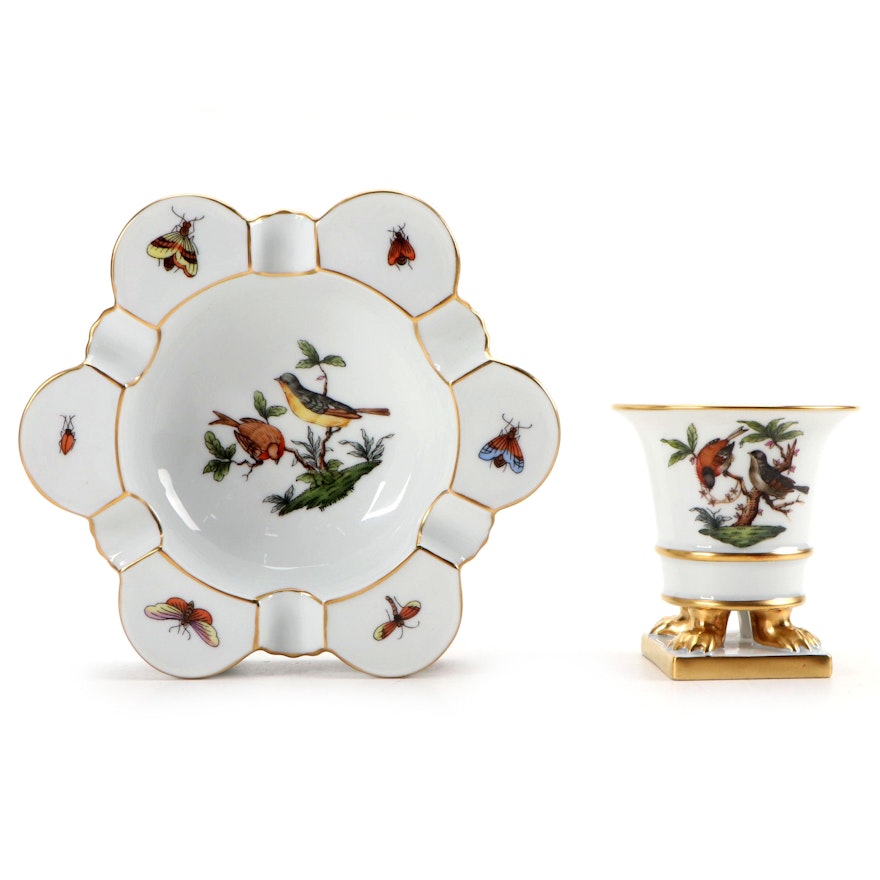 Herend "Rothschild Bird" Porcelain Ashtray and Claw Footed Urn