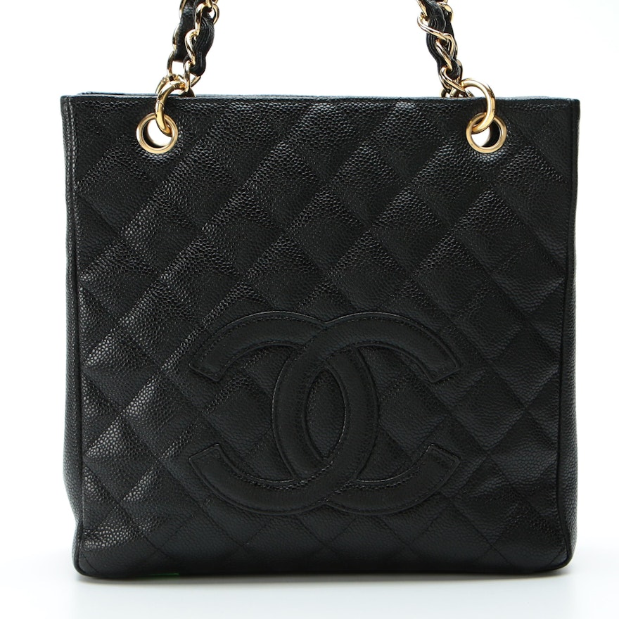 Chanel Quilted Petite Shopping Tote in Black Caviar Leather