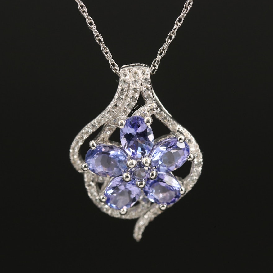 Sterling Floral Pendant Necklace with Tanzanite and Topaz