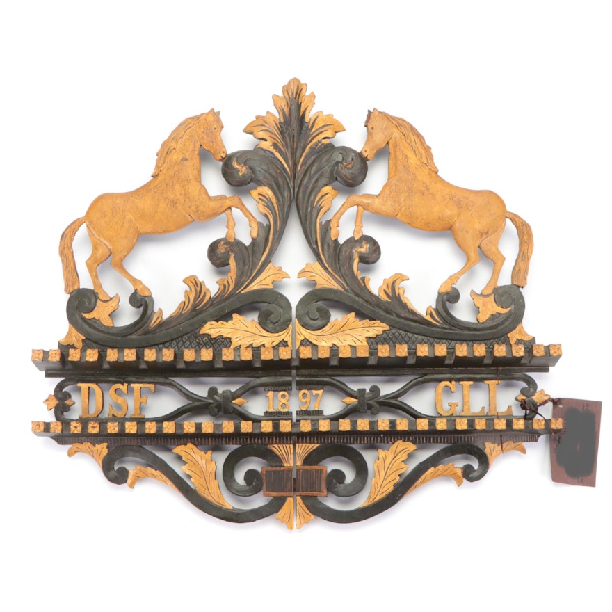 Hand-Carved Polychrome Wooden Wall Crest, Late 19th Century
