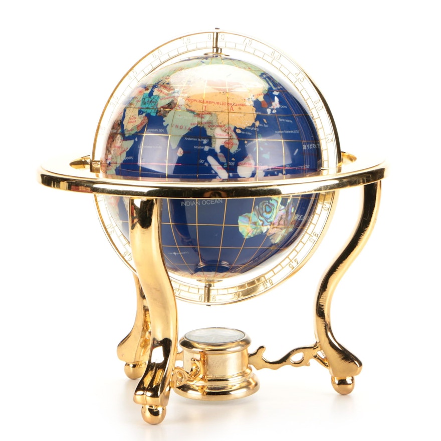 Abalone and Stone Inlaid Globe with Compass on Brass Stand