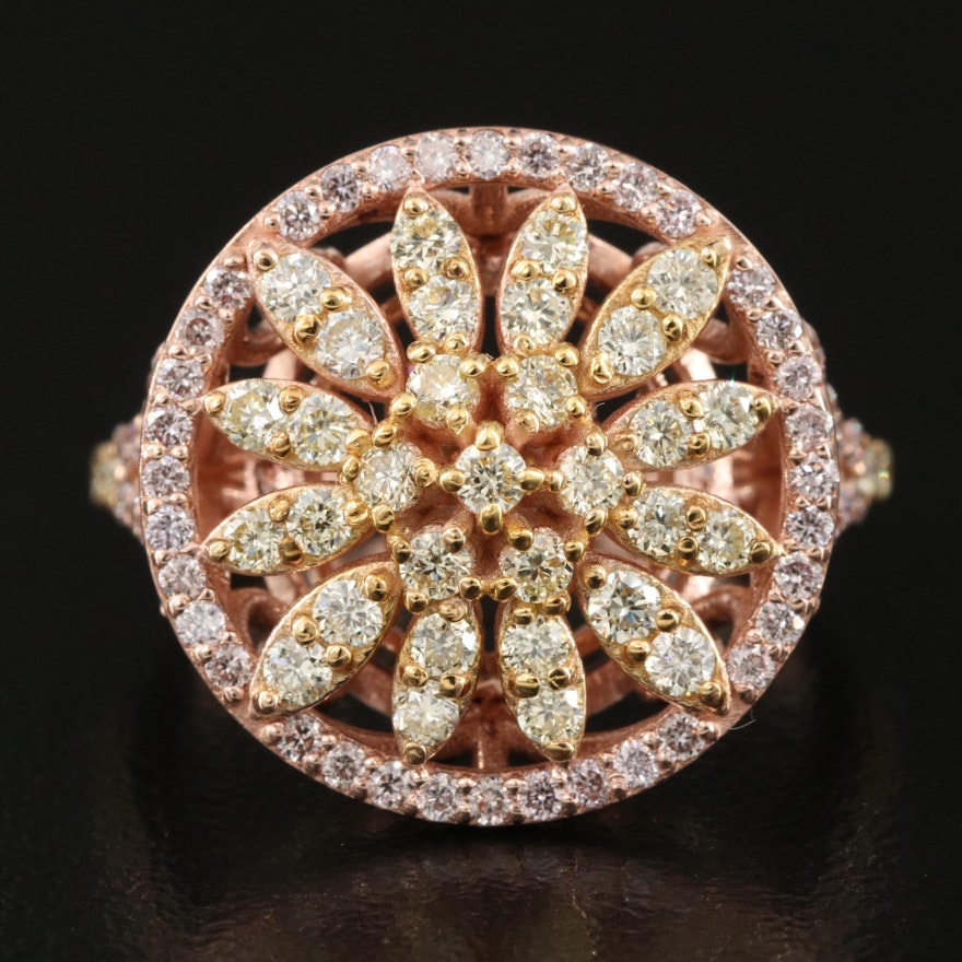 14K Rose Gold 1.21 CTW Fancy Yellow and Pink Diamond Floral Burst Ring