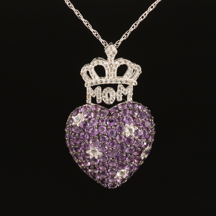 Sterling Amethyst and Topaz Crowned "Mom" Heart Necklace