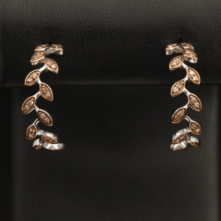 Sterling Diamond Foliate Half Hoop Earrings