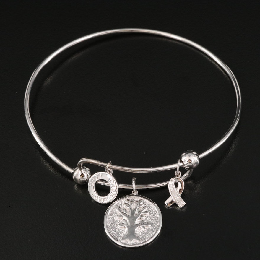 Sterling Silver Expandable Bangle with Charms Including Diamonds