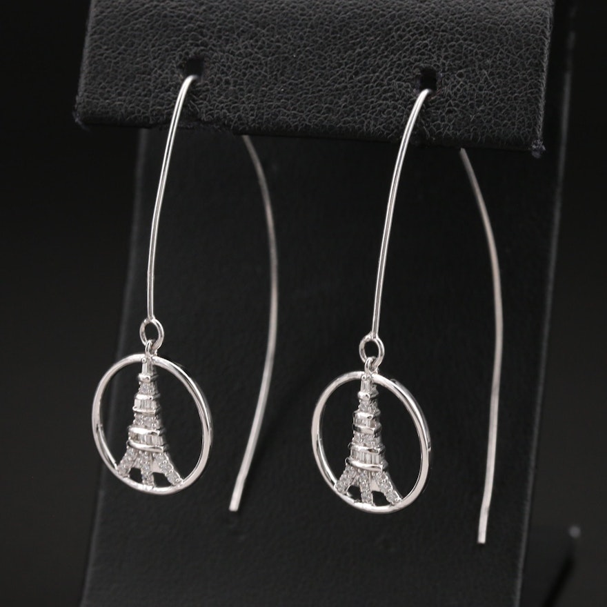 Sterling Diamond and Cubic Zirconia Eiffel Tower Threader Earrings