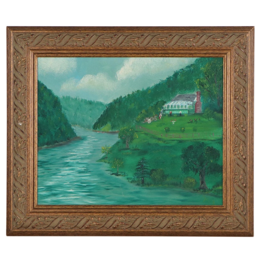 Folk Art Style Landscape Oil Painting, Late 20th Century