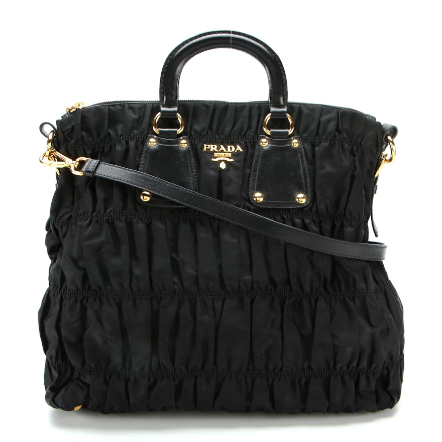 Prada Tote Bag in Black Gaufre Nylon Tessuto and Leather with Detachable Strap