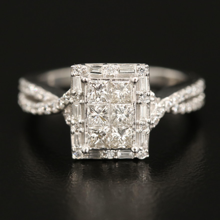 Sterling Diamond Ring with Crossover Cubic Zirconia Shoulders