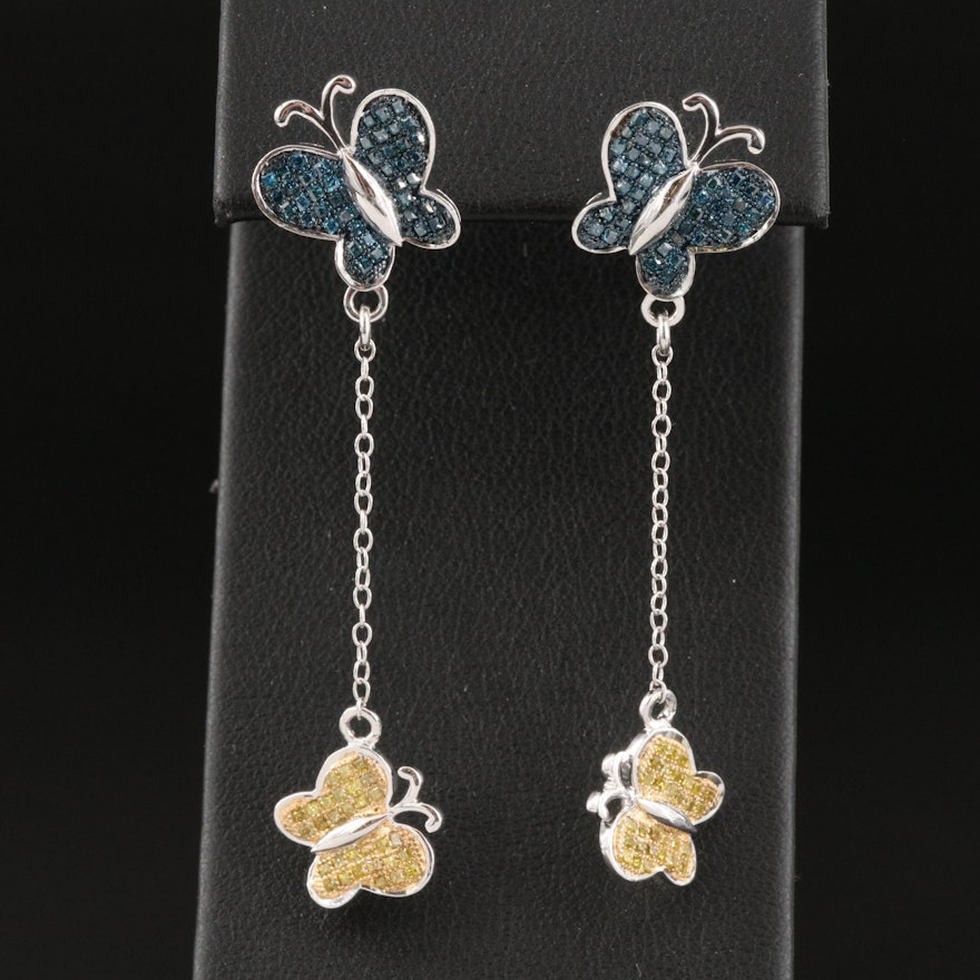 Sterling Silver and Diamond Butterfly Drop Earrings