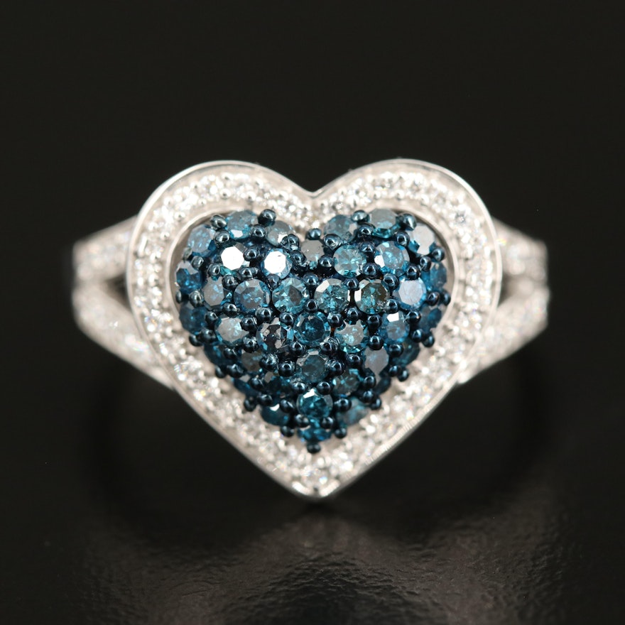 Sterling Pavé Diamond and Cubic Zirconia Heart Ring