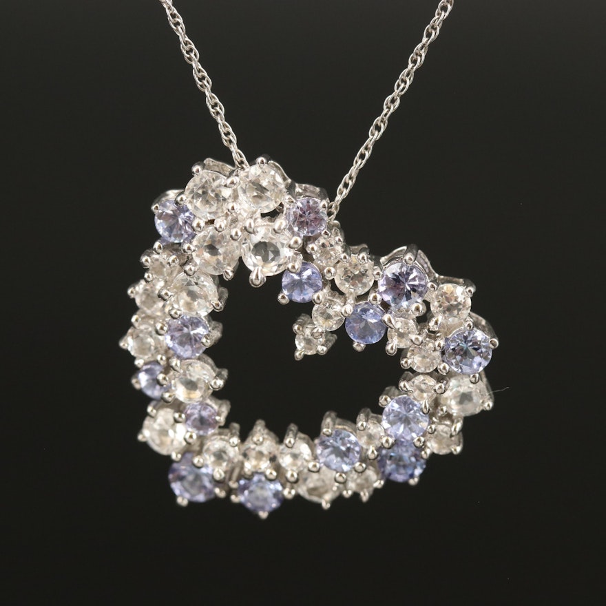 Sterling Tanzanite and Diamond Cluster Heart Pendant Necklace
