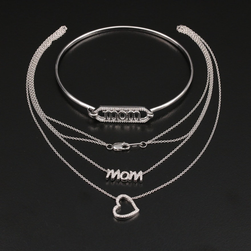 Sterling Diamond "Mom" Bangle with "Mom and Heart" Double Strand Necklace