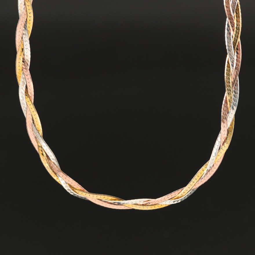 Italian Tri-Color Sterling Braided Herringbone Chain Necklace