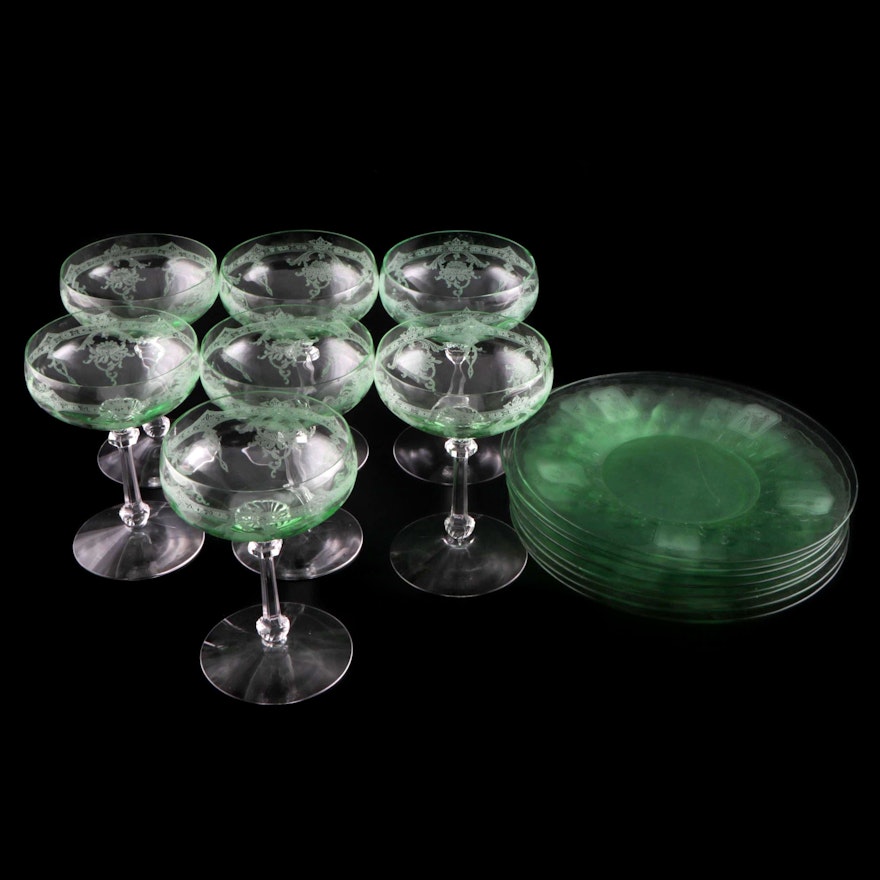 Heisey Green Glass "Empress" Coupes and "Trojan" Salad Plates