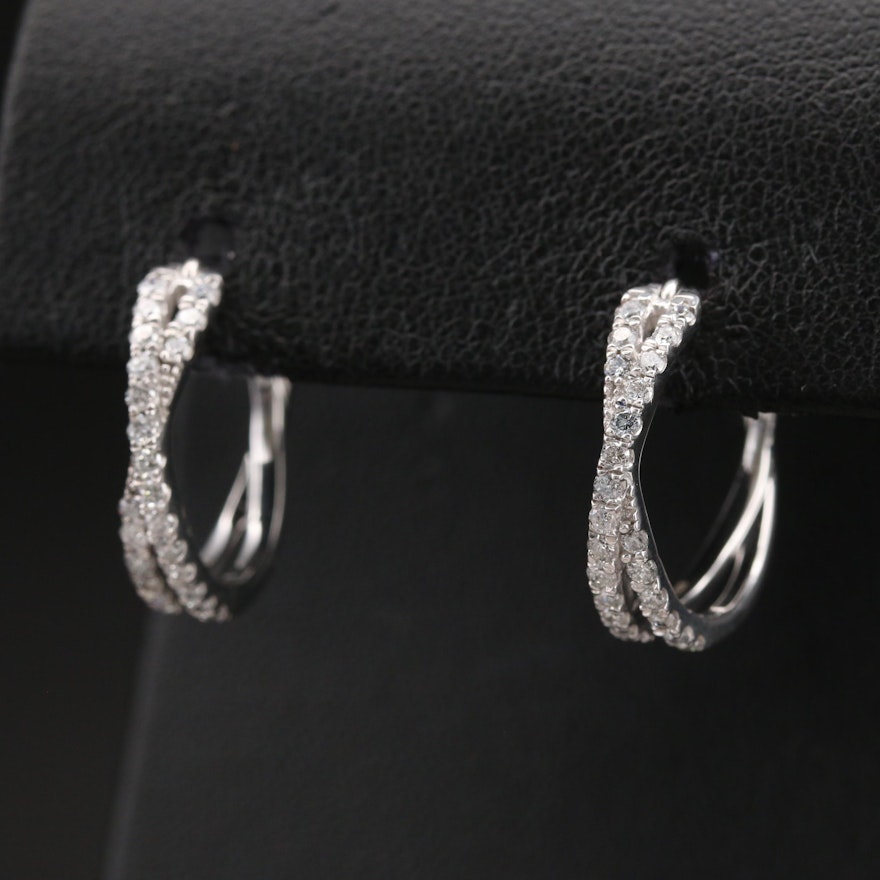 Sterling  Diamond Crossover Hoop Earrings