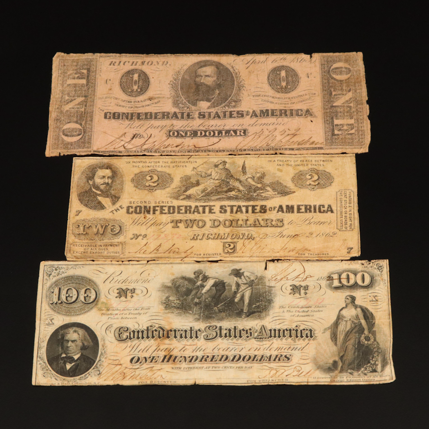 $100, $2, $1 Confederate States of America Banknotes