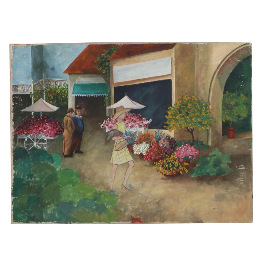 Oil Painting of Figures in a Flower Shop, Late 20th Century