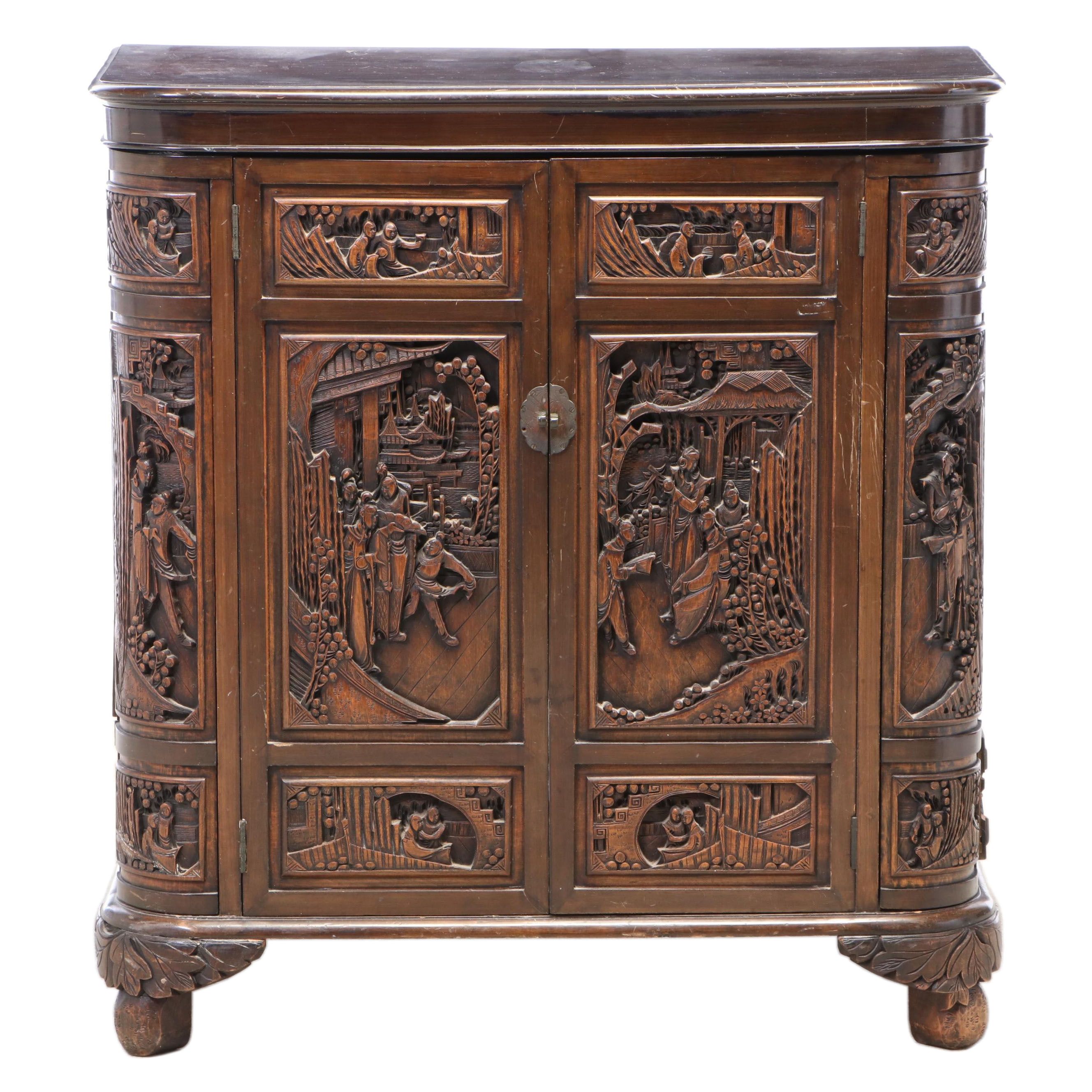 Chinese Carved Bar Cabinet, Mid-20th Century