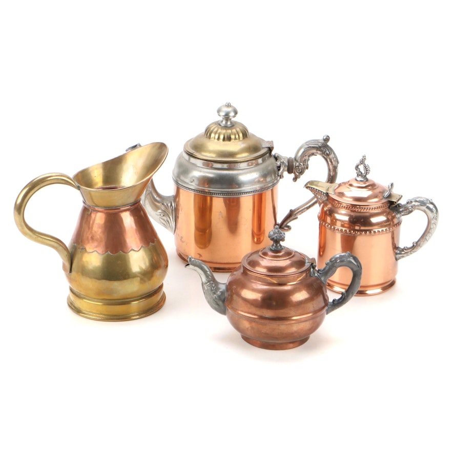 Manning Bowman & Co. and Other Copper Teapots, Creamer and Pitcher