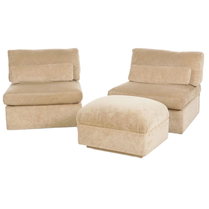 Pair of Modernist Armless Upholstered Club Chairs and Ottoman