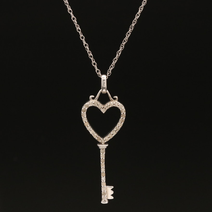 Sterling Reversible Diamond Heart Key Pendant Necklace