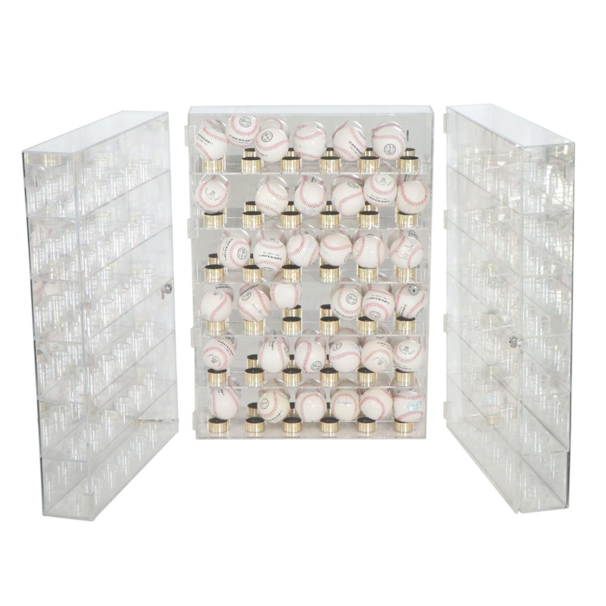 Signed Baseballs with Three Wall Hanging Baseball Display Cases, COA