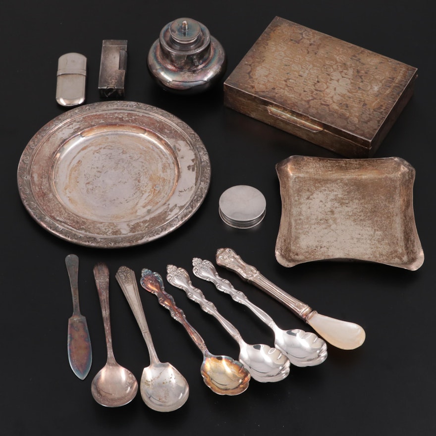 Spink & Son Sterling Silver Pill Box with Other Silver Plate Flatware and Décor