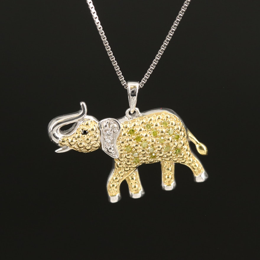 Sterling Elephant Pendant Necklace with Diamond and Cubic Zirconia
