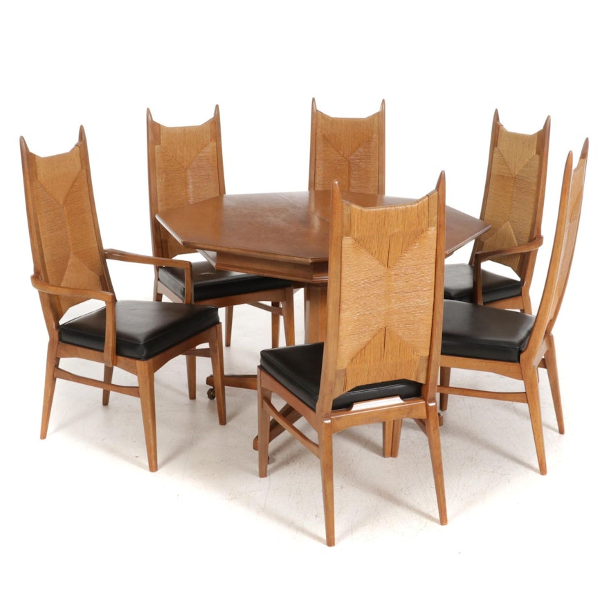 Mid Century Modern Walnut and Rush Dining Chairs and Richardson Table