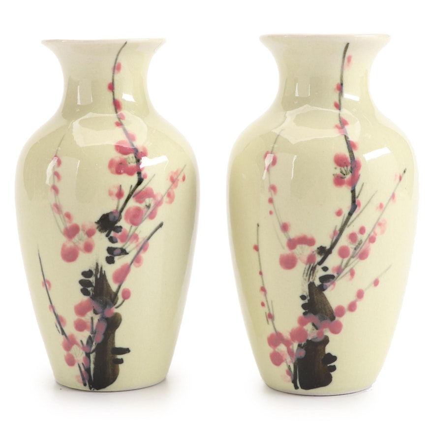 Pair of Japanese Style Cherry Blossom Motif Ceramic Vases