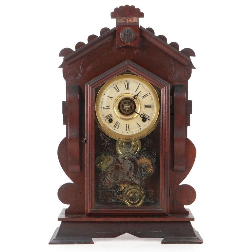 Russell & Jones Clock Co. "Dover" Walnut Wood Mantel Clock, Late 19th C.