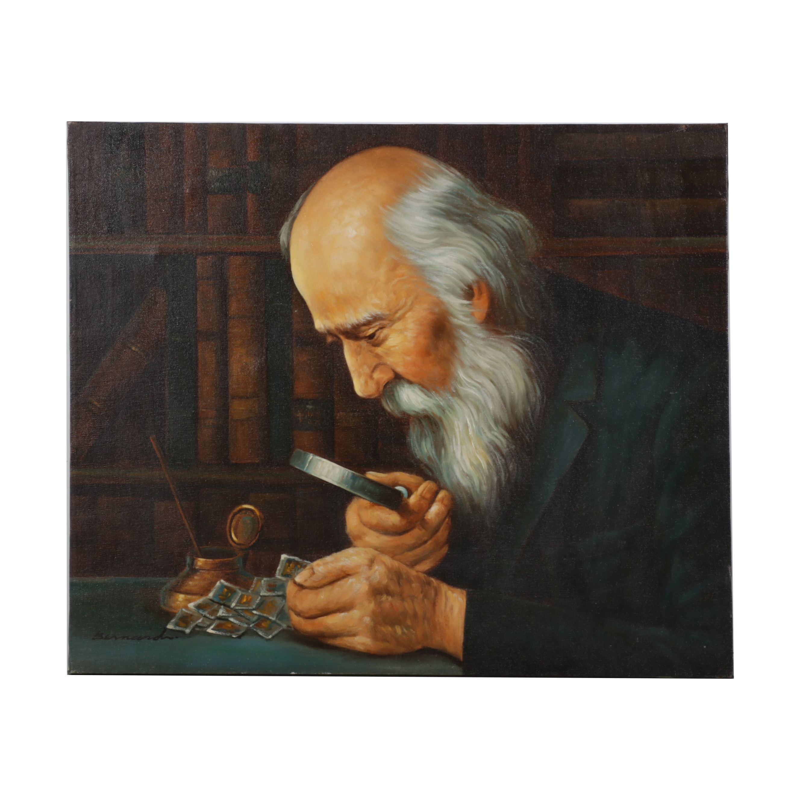 Oil Painting After Joseph Kahil "The Collector," Late 20th Century